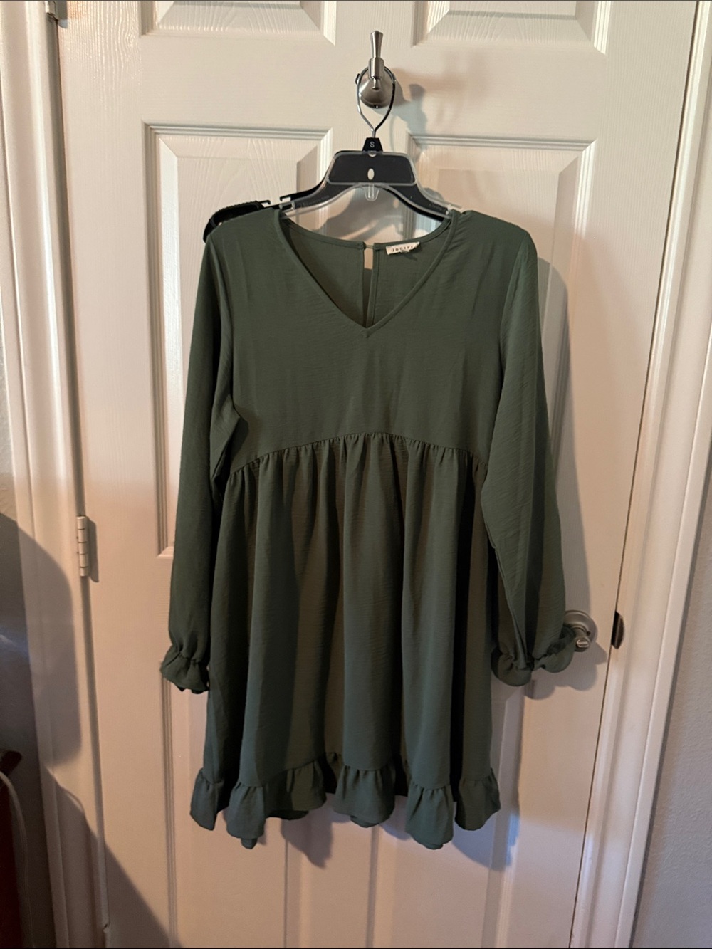 JODIFL Olive Green Long-Sleeve Ruffle-Hem Kids Dress